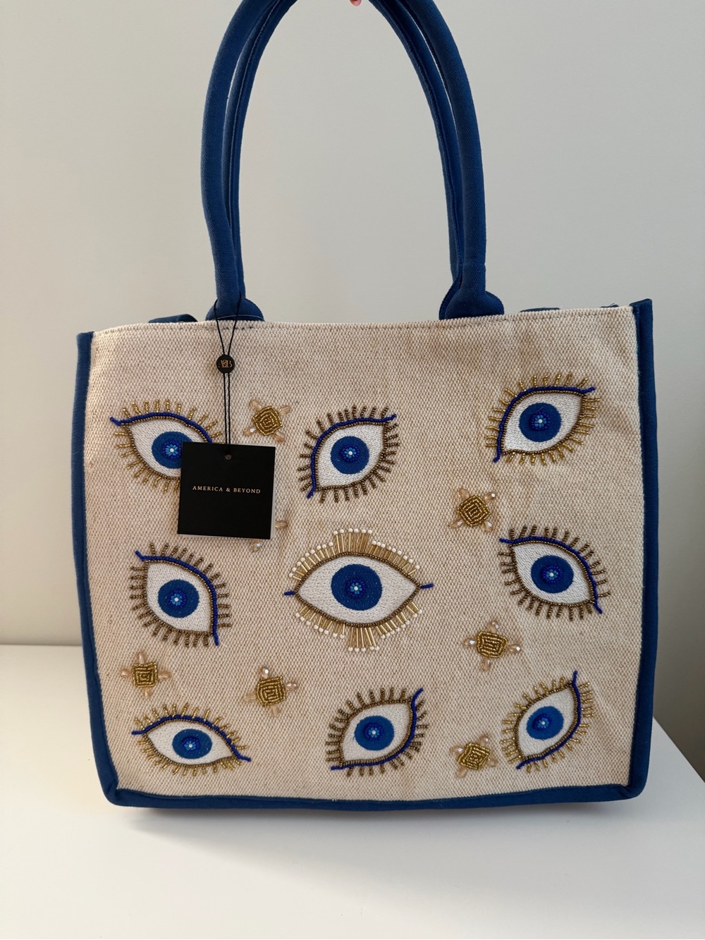 America & Beyond Blue Eye Embroidered Tote - Blue & Cream